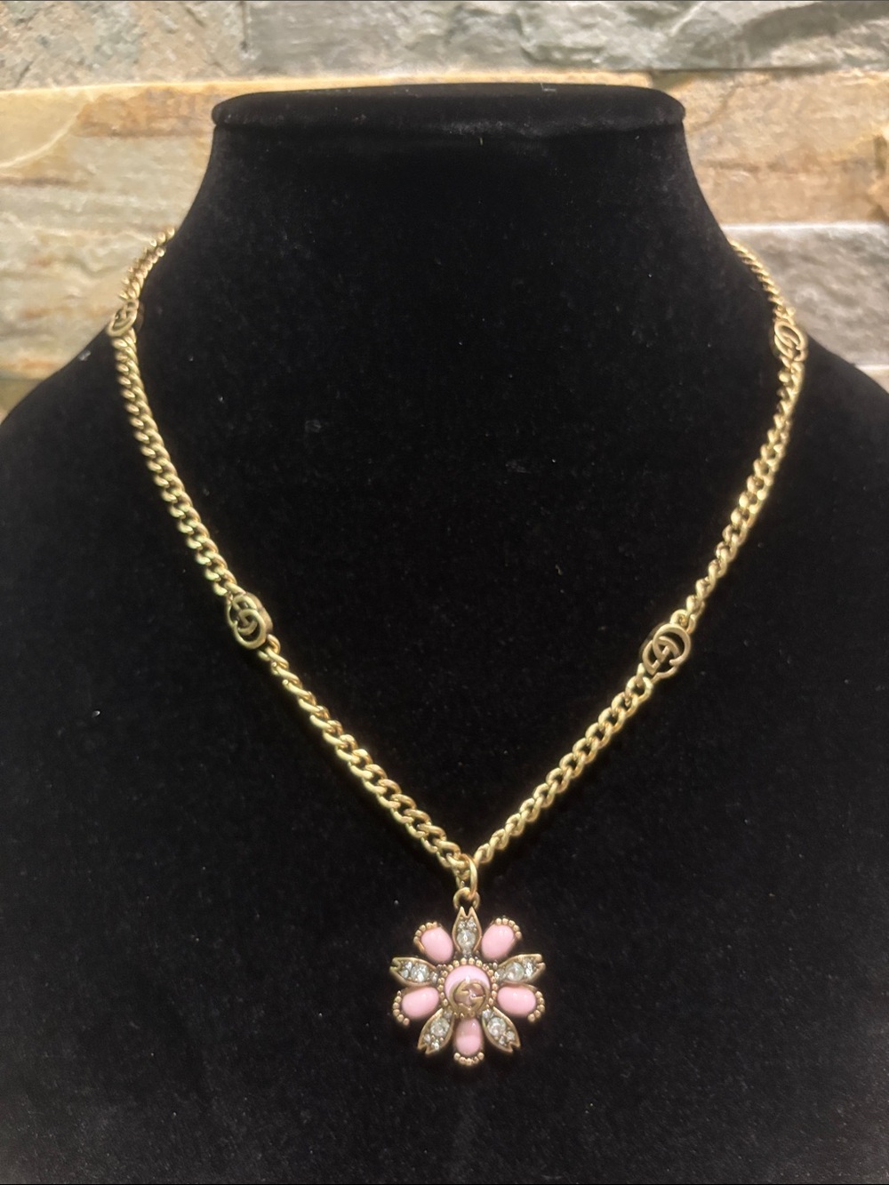 Gold-Tone Necklace with Pink Floral Pendant